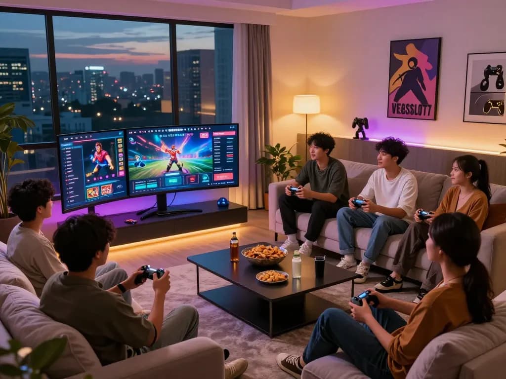 Engaging friends playing on vegasslot77 gaming platform in a stylish living room.