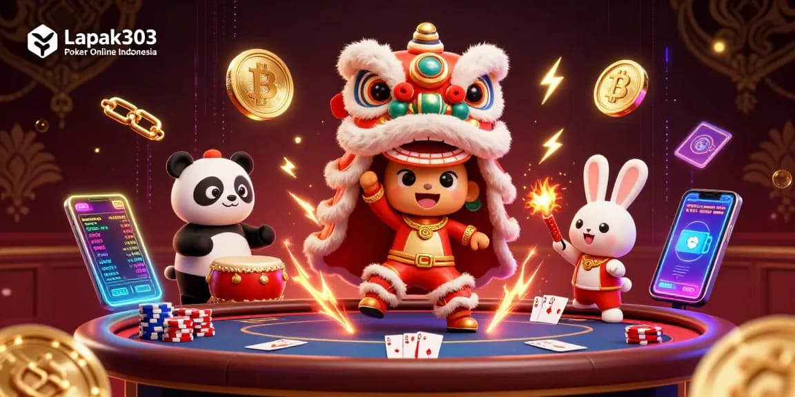 Experience the thrill of Lapak303 Poker Online Indonesia with a vibrant poker scene featuring animated characters and dynamic gaming elements.