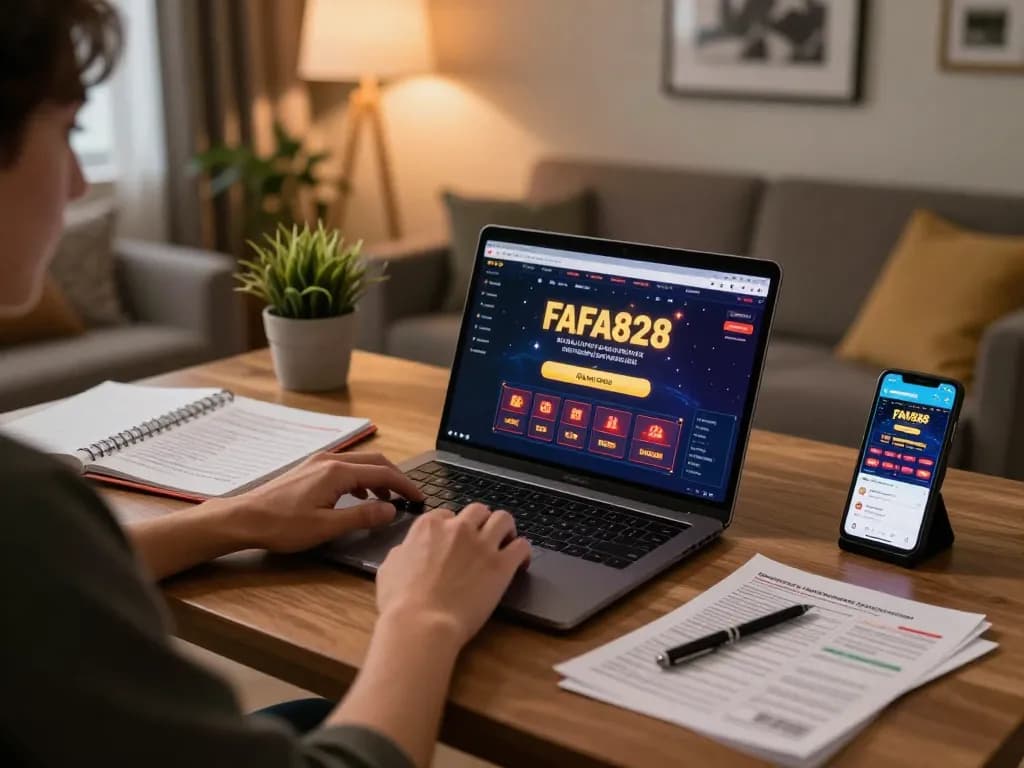 Player engaging with FAFA828 online casino interface on laptop, warm cozy setting highlighting strategic gaming.