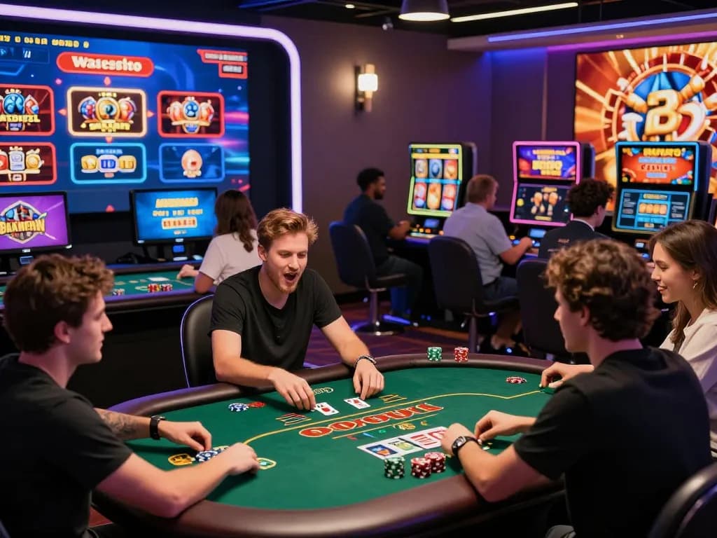 Players enjoying diverse games at 23win online casino amid dynamic atmosphere and vibrant graphics.