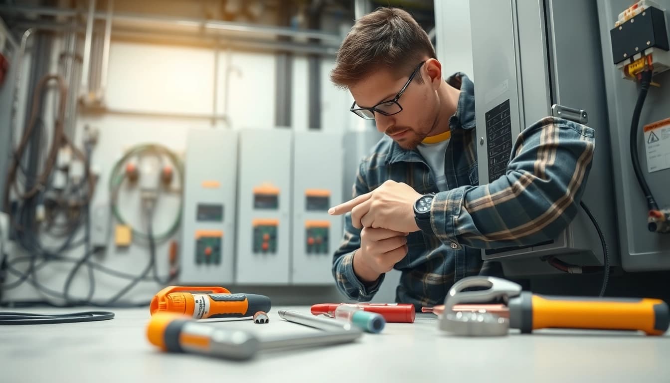 Electrician engaged in electrical maintenance, checking a control panel in a modern setting.