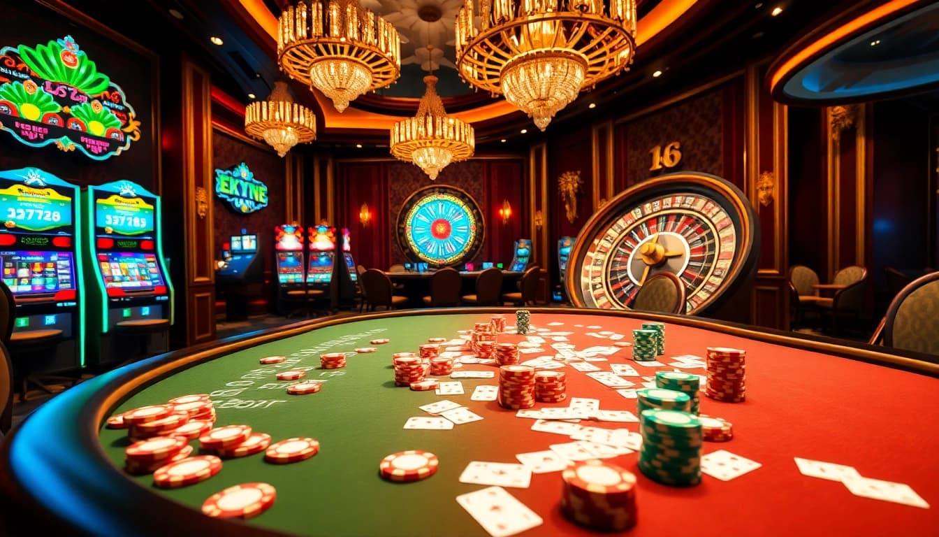 Exciting RR88 poker scene showcasing colorful chips and glowing slot machines.