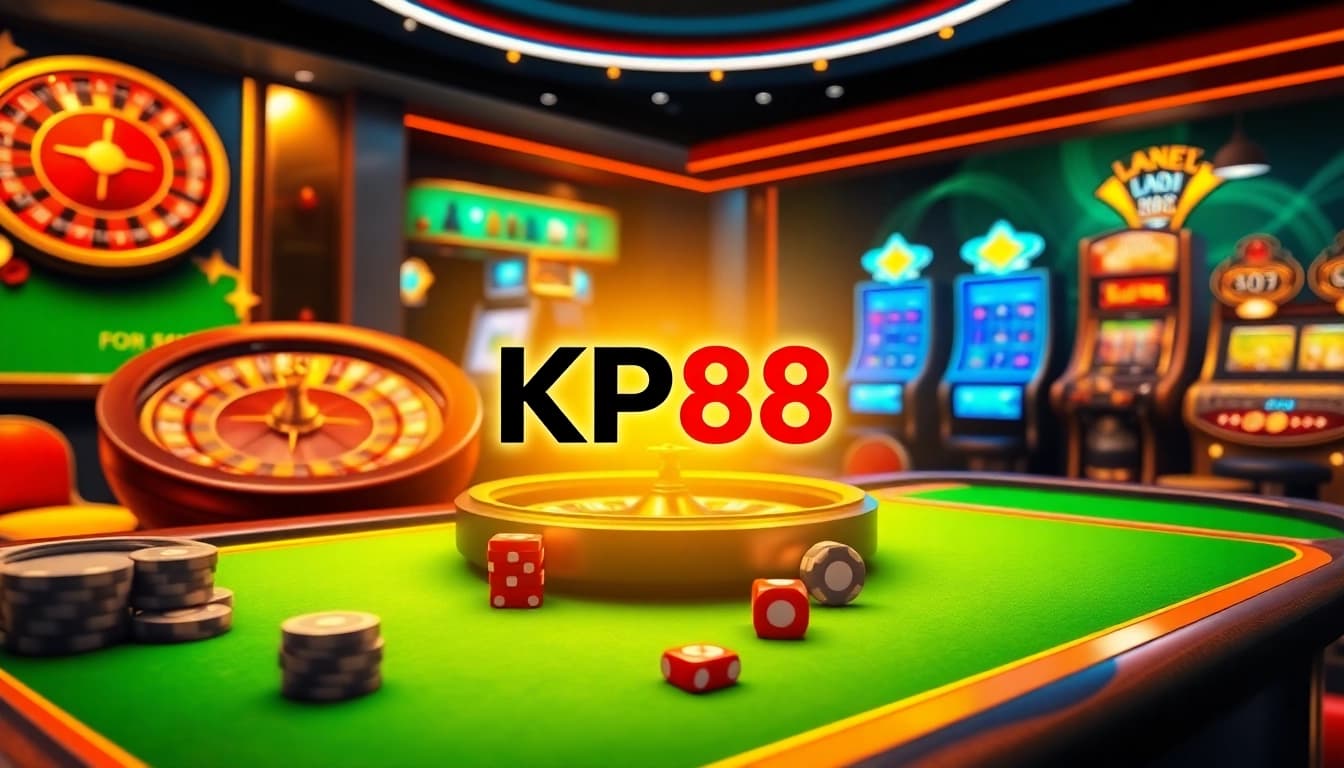 Experience the exciting world of KP88 online gambling with vibrant casino elements like poker chips and roulette wheels.