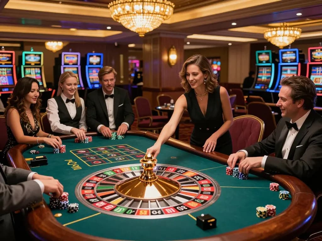 Spin the roulette wheel at gojekpot casino, players eagerly placing bets in an upscale atmosphere