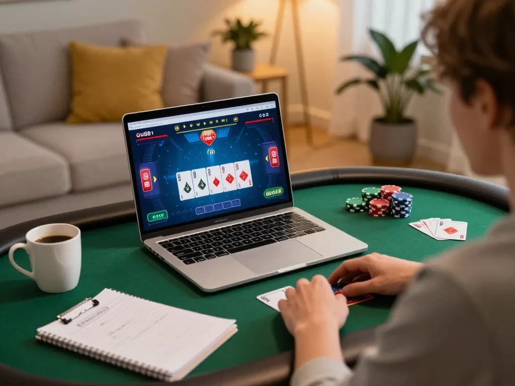 Engaged poker player enjoying an online game with uu88, showcasing strategy notes and a cozy home setting.