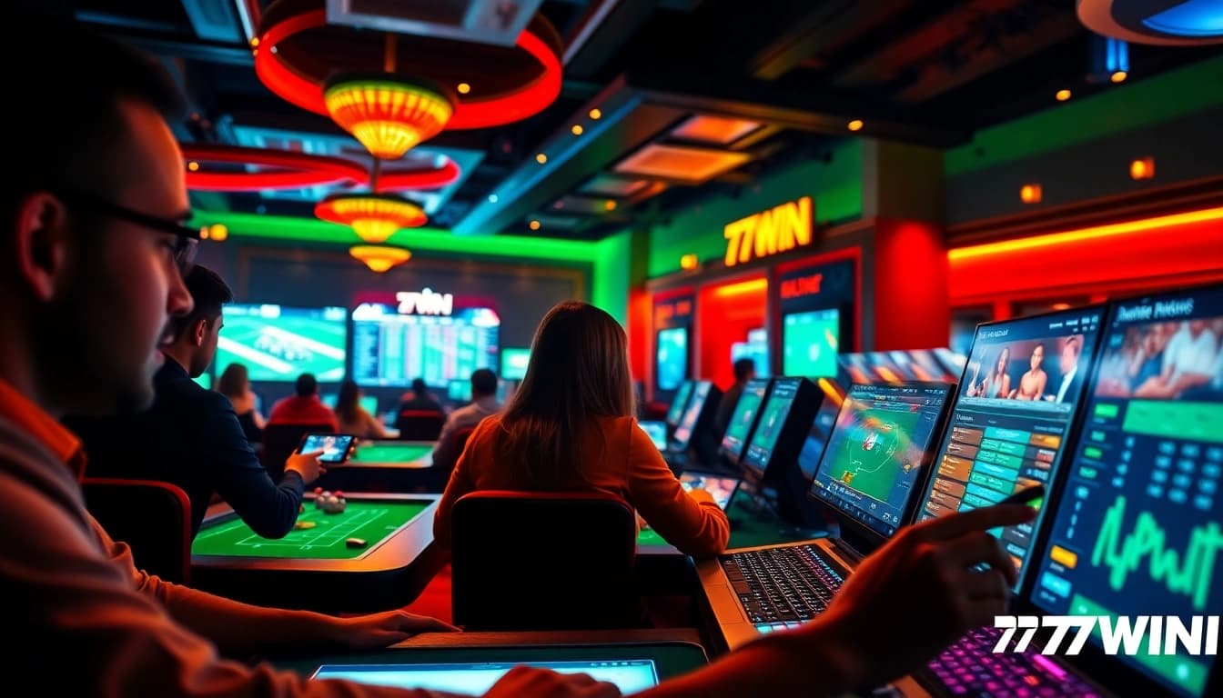 Engaging scene of nhà cái 77win online betting atmosphere with players and digital interfaces.