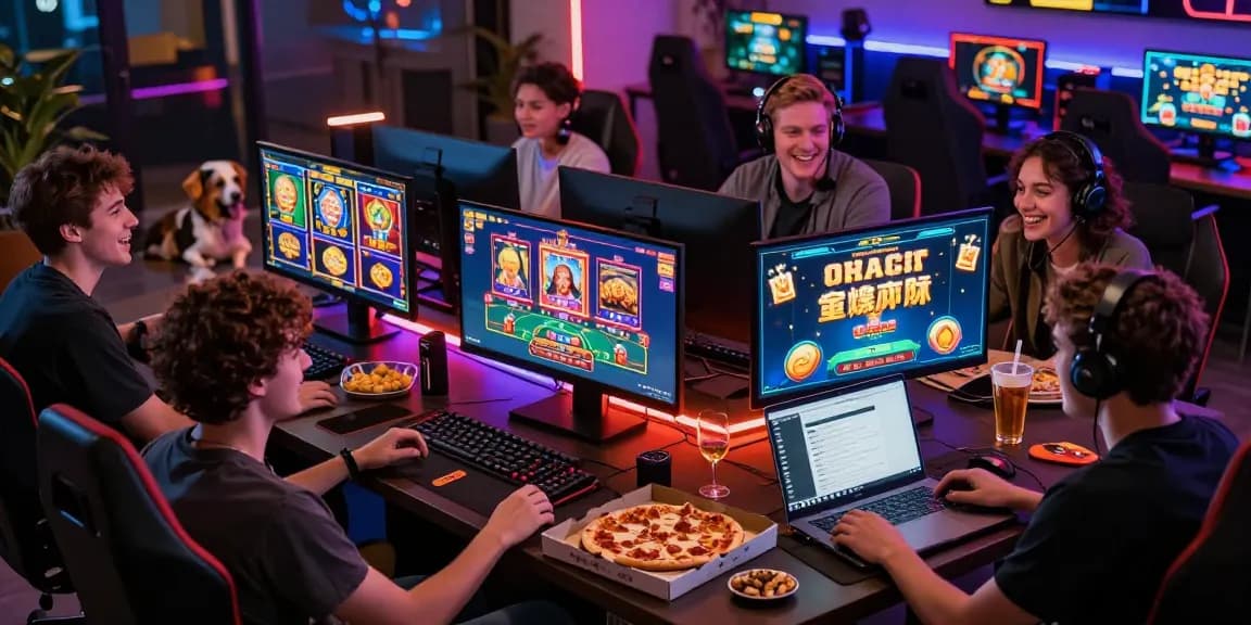 Friends enjoying an exciting JPTOTO online gaming session with vibrant lights and screens.