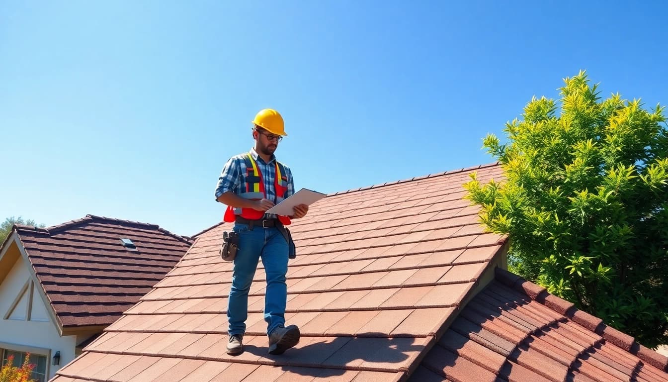 Roofing contractor inspecting shingles on a house roof under blue skies, ensuring quality service.