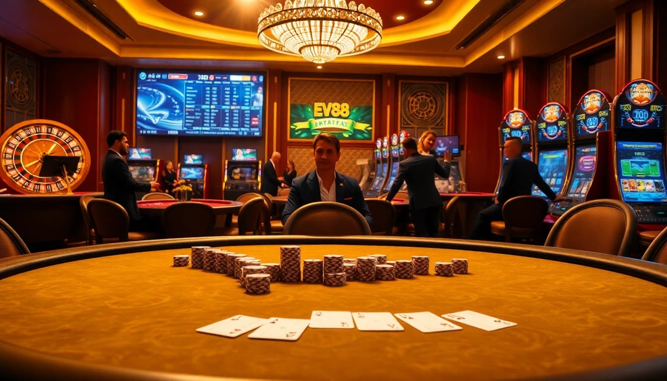 Betting action at EV88 casino with engaging poker gameplay and elegant ambiance.