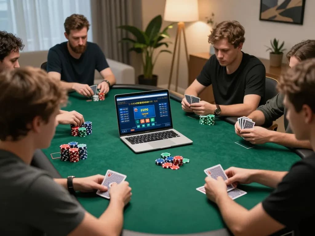 Players engaged in an exciting EV99 online poker game with chips stacked high