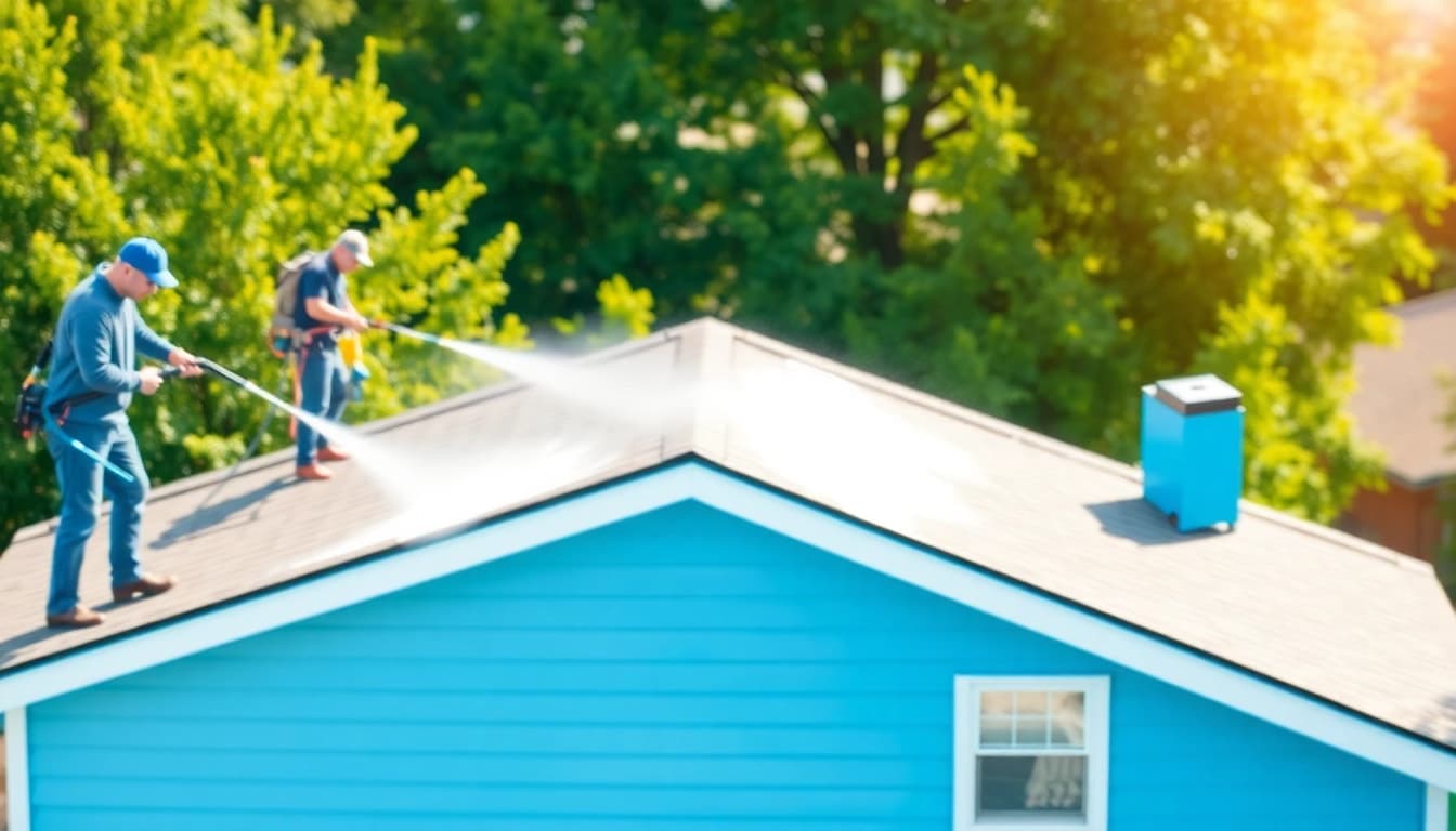Roof washing Seattle WA team cleaning a house, showcasing eco-friendly service and vibrant results.