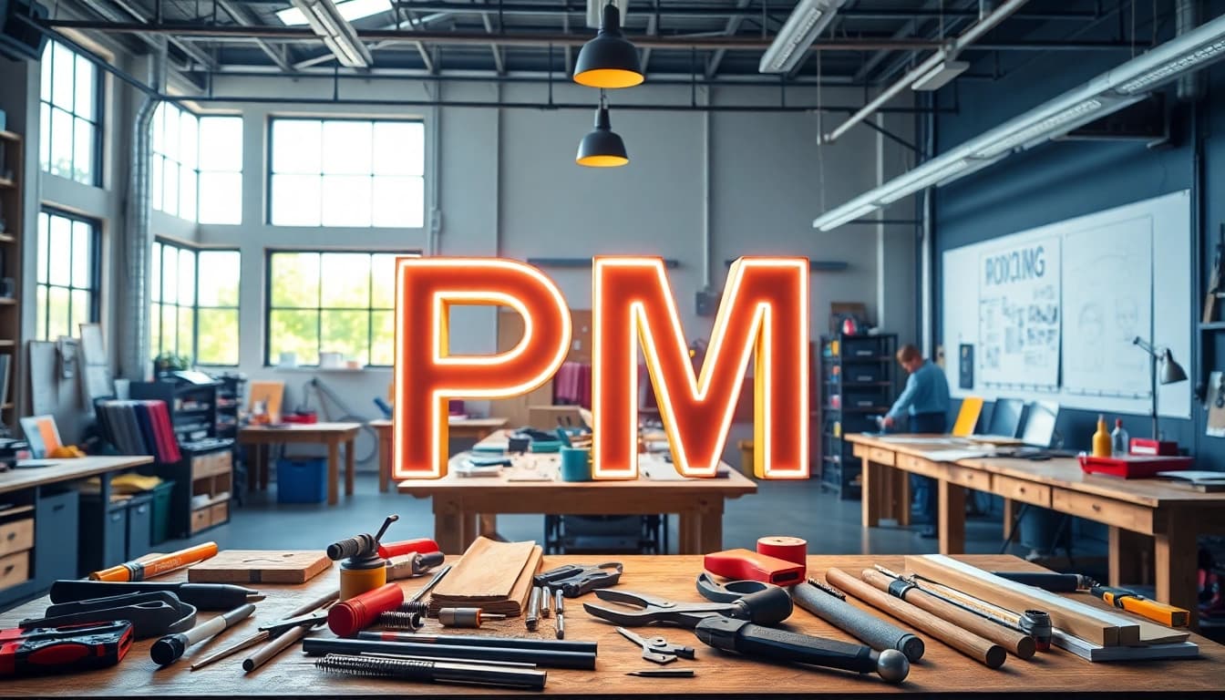 Crafting vibrant pm signs in a modern design studio workshop setting.