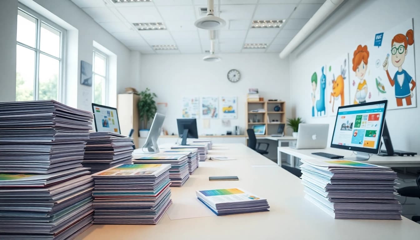 Atlas Direct Mail workspace featuring colorful printed materials and modern technology.