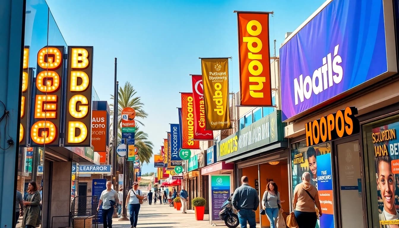 Rótulos y pancartas personalizados que muestran rótulos en Alicante en un entorno comercial dinámico.