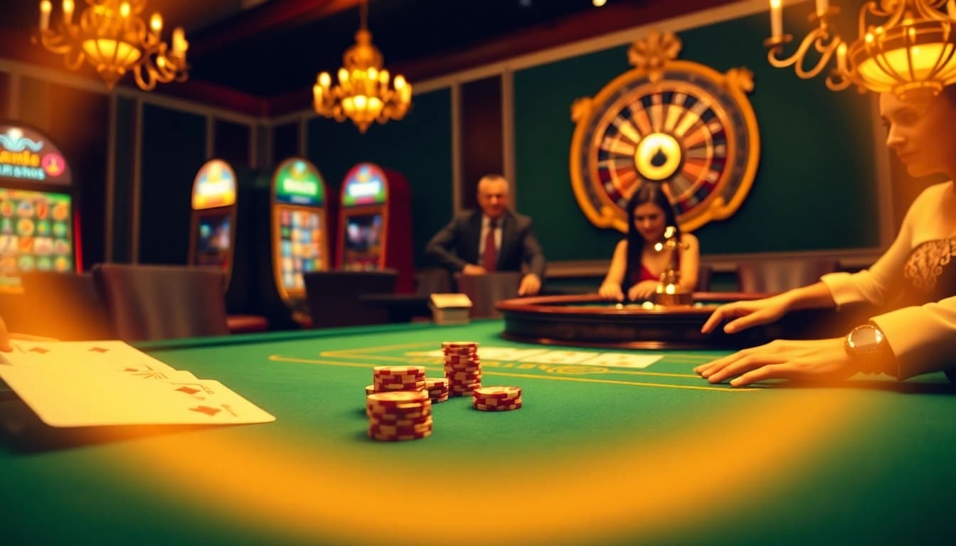 Experience high-stakes gaming at xx88 with elegant casino tables and vibrant slot machines.