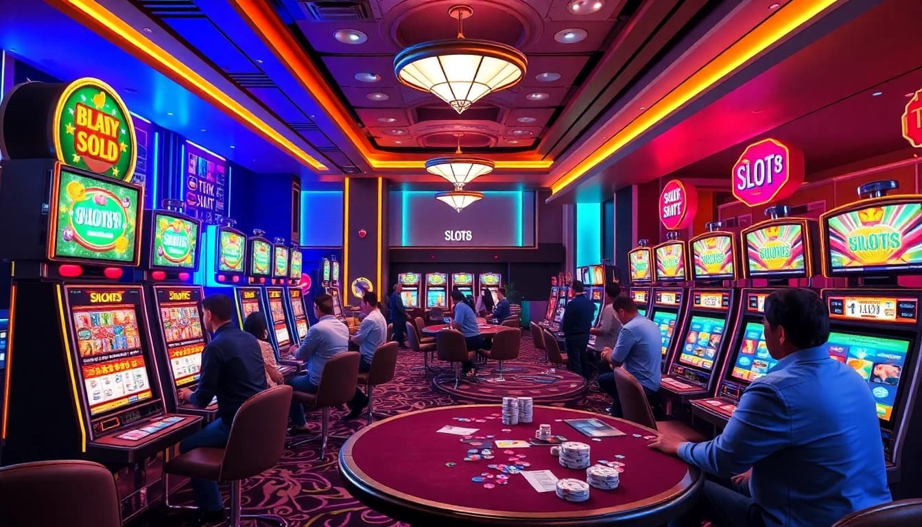 Experience the excitement of SLOTS8 with vibrant slot machines and eager players in a luxurious casino.