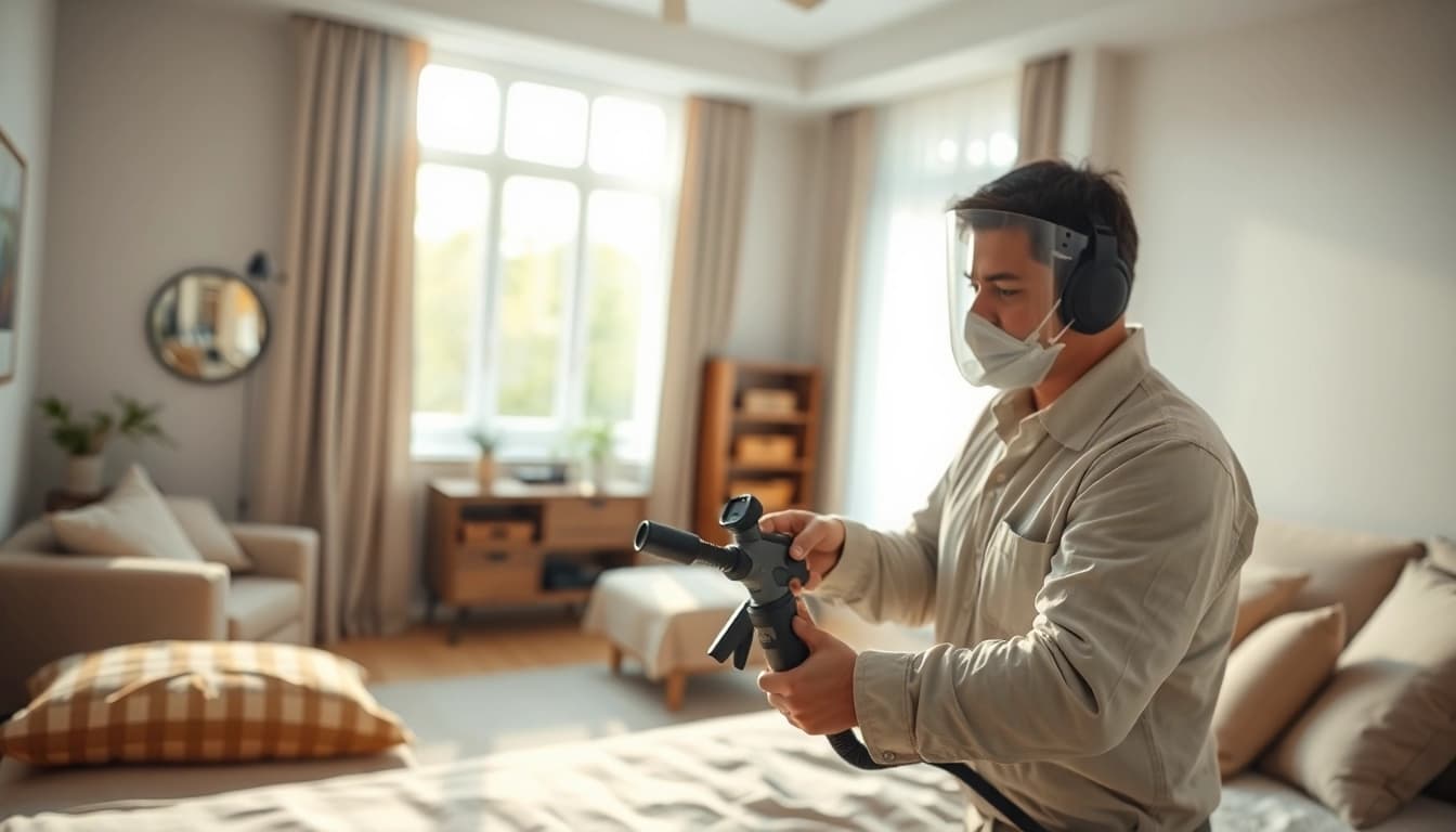 Bed bug exterminator treating a bedroom for infestations using advanced techniques.