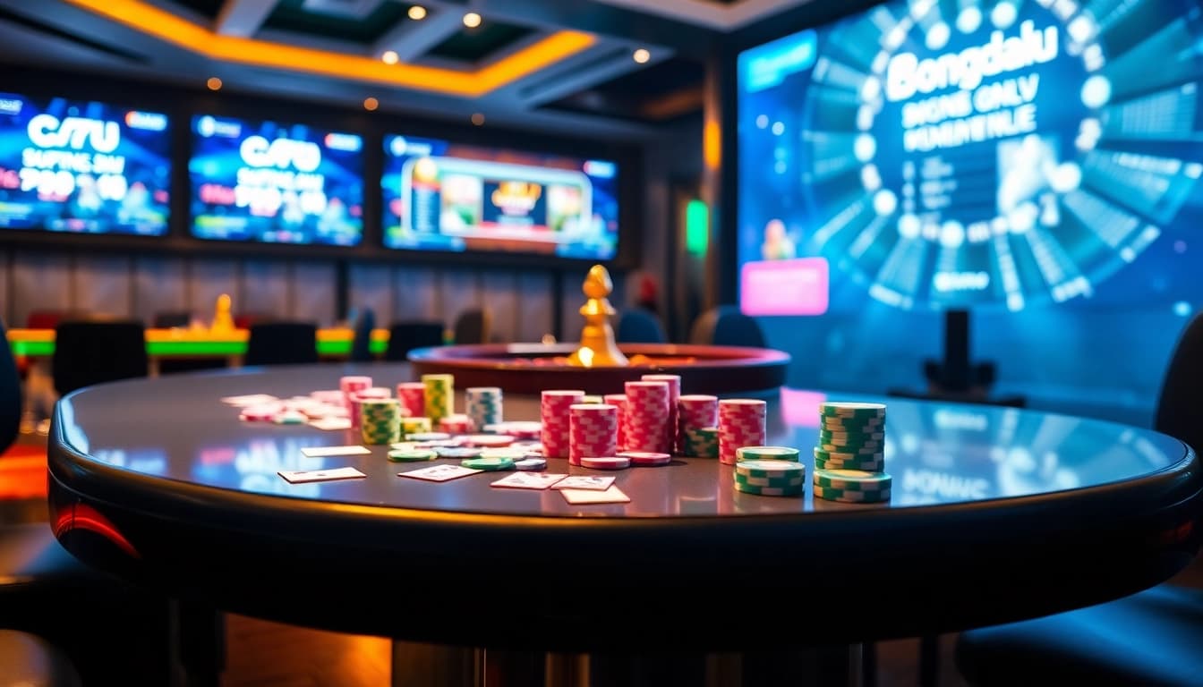 Bongdalu enhances the thrill of gambling with a vibrant casino scene showcasing live sports betting and poker.