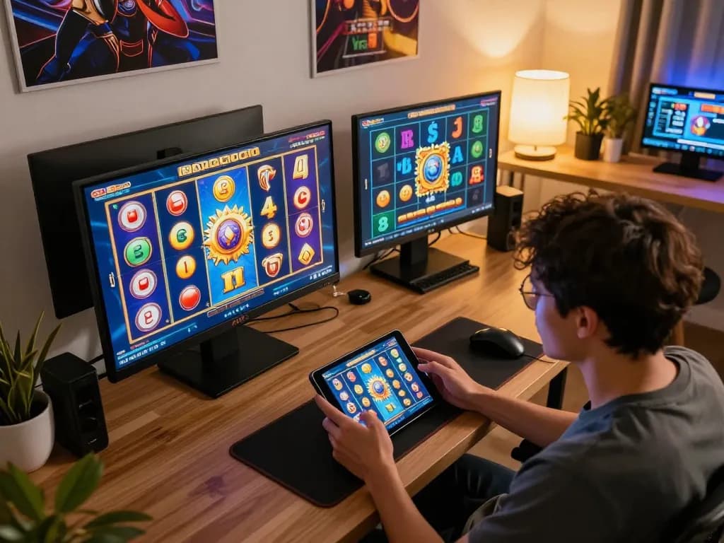 Player enjoying slot gacor online with colorful screens and tablet, capturing gaming excitement.