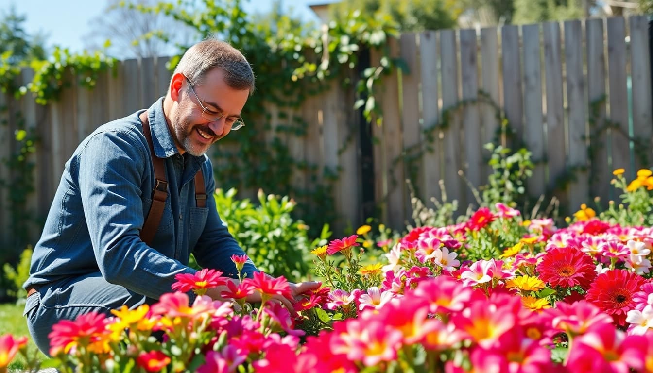 Gardening enthusiast cultivating a colorful flower bed, showcasing vibrant blooms and lush greenery.