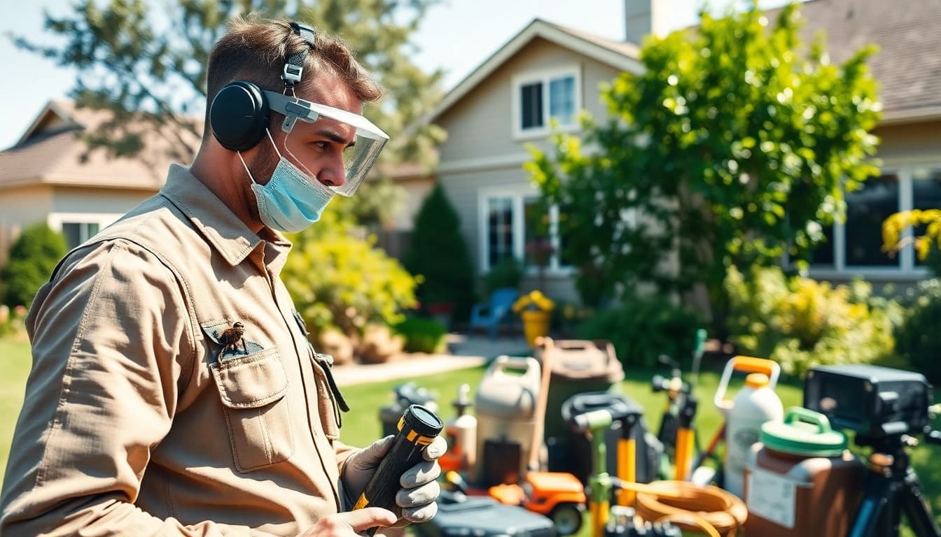 Professional exterminator near me performing pest identification in a backyard.