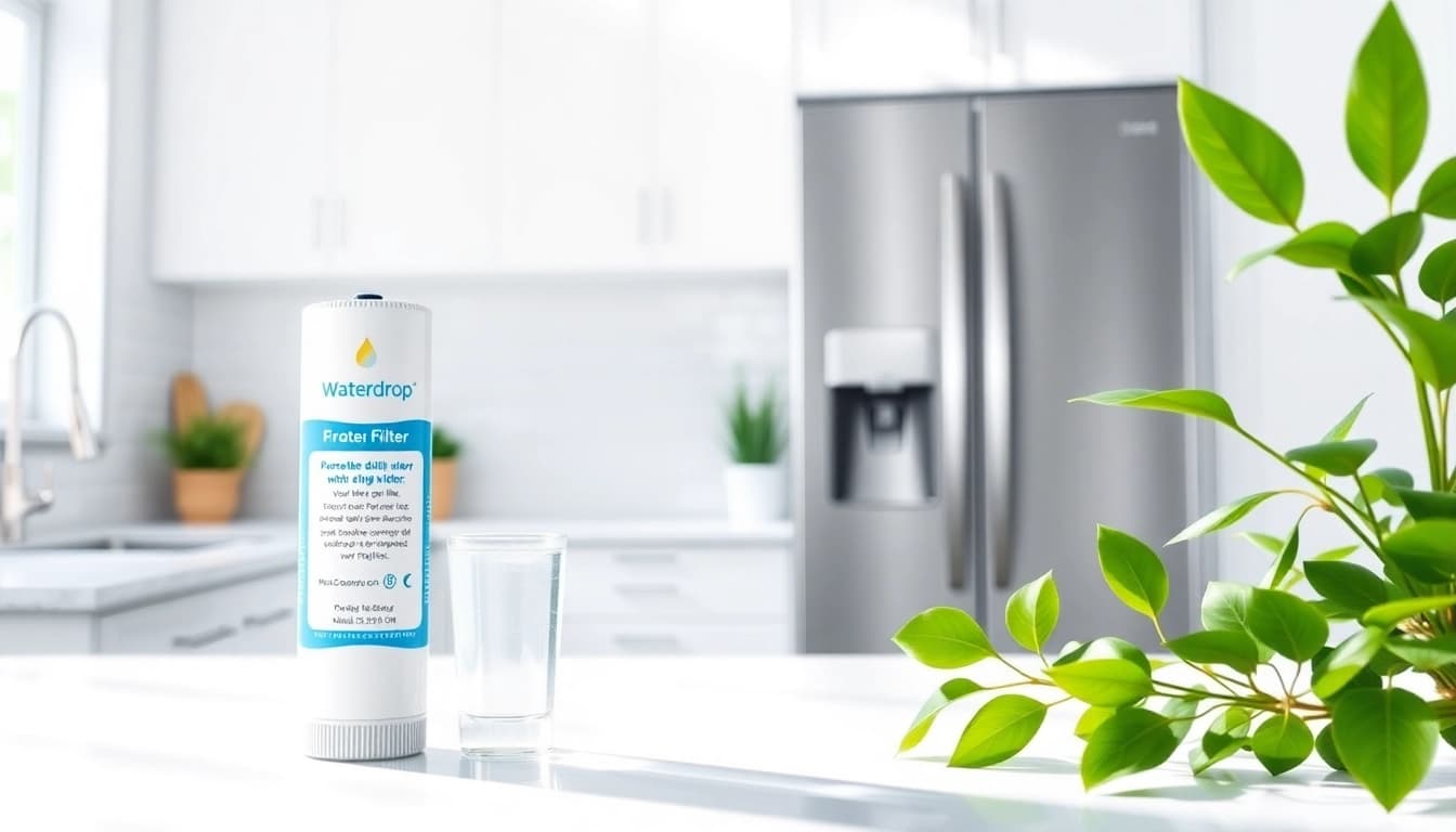 Waterdrop WF1CB Replacement for Frigidaire® PureSource WFCB showcased in a clean kitchen with clear water glass.