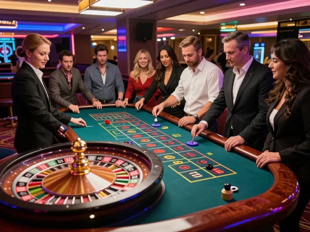 Experience the thrill of c168 roulette gameplay with players placing bets at a vibrant casino table.