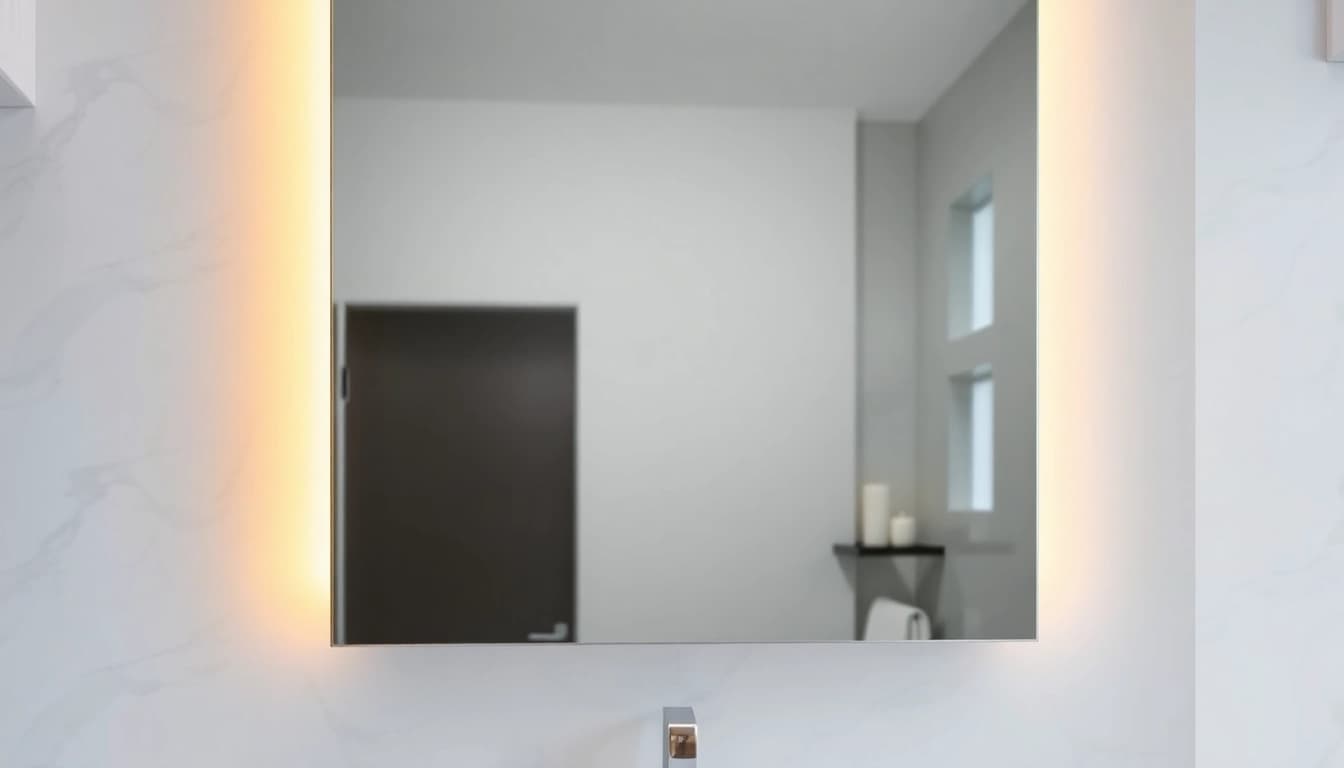 Spiegelschrank mit LED Beleuchtung im modernen Badezimmer mit eleganter Einrichtung und warmem Licht.