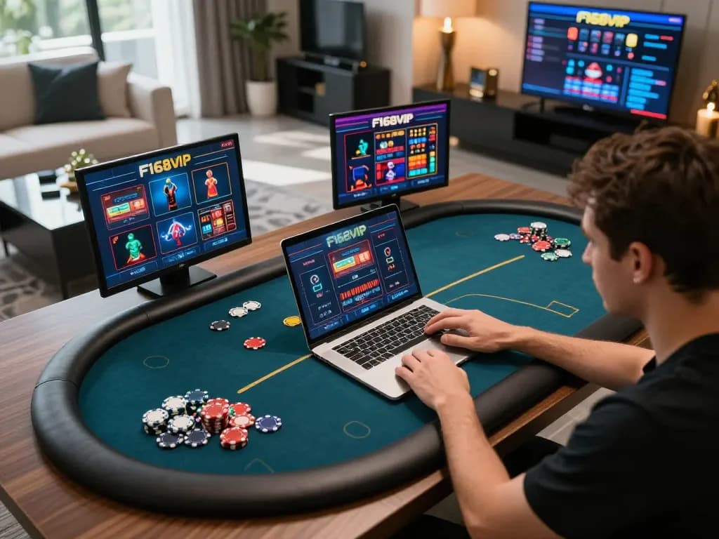 Engaging gameplay at F168VIP casino, showcasing multiple poker options on a stylish laptop.