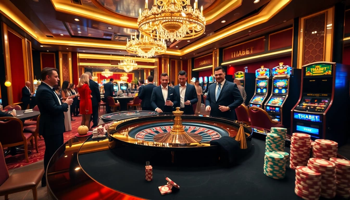 THABET casino scene featuring an elegant roulette table with vibrant gaming atmosphere.