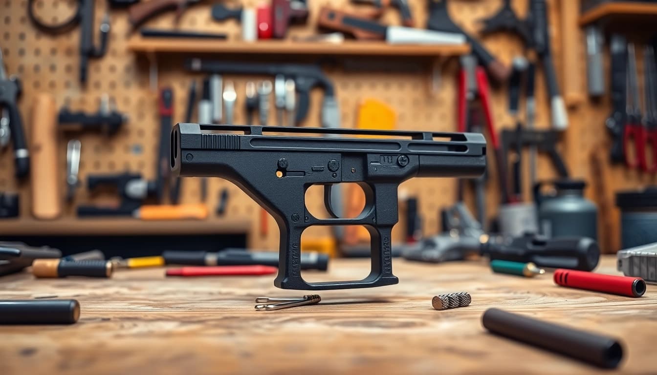 Showcase of polymer 80 glock 19 frame with tools and components on a workbench.