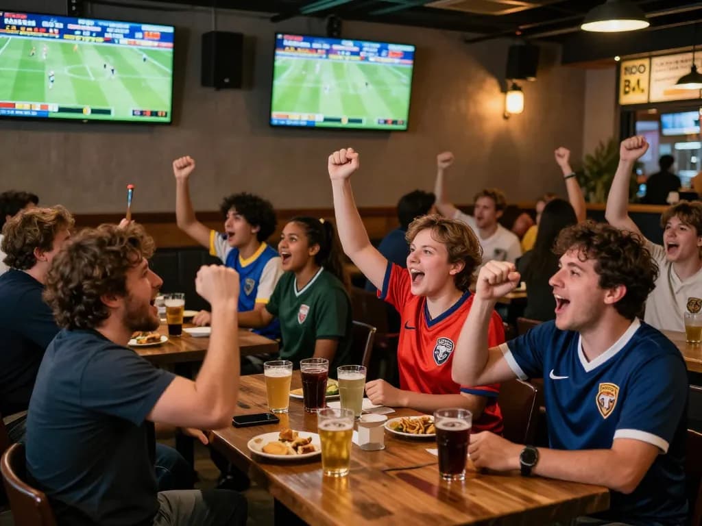 KQBD live scores displayed in a lively sports bar as patrons cheer for their teams.