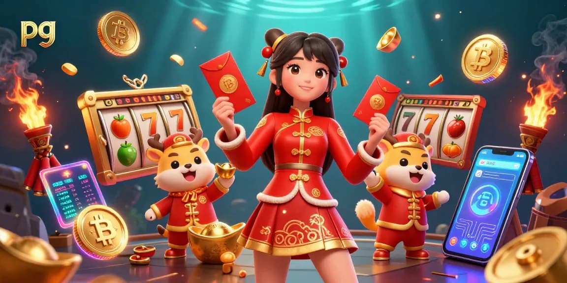Engage in pg slot games with vibrant casino scenes including a winning Asian character, gold symbols, and digital assets.