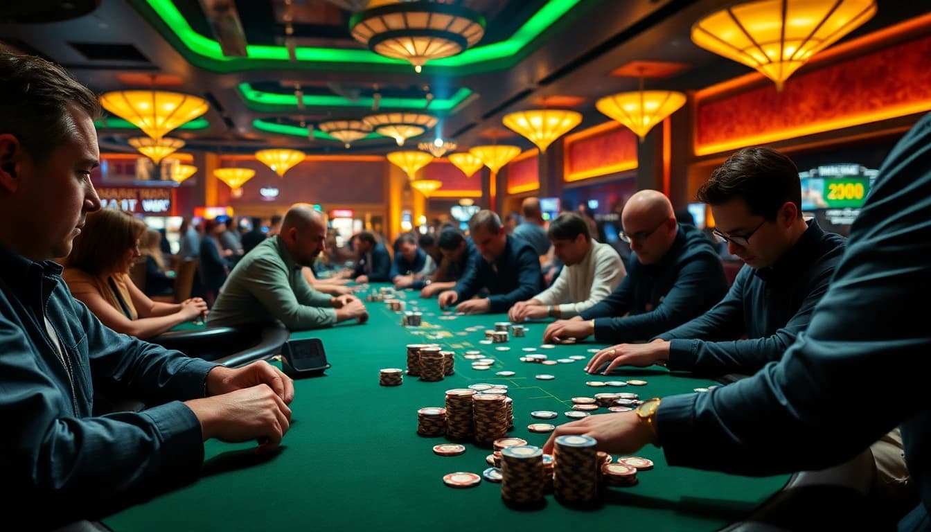 Pinco Casino poker mükafatlarının olduğu canlı mühitdə kart oyunu oynayan oyunçular.