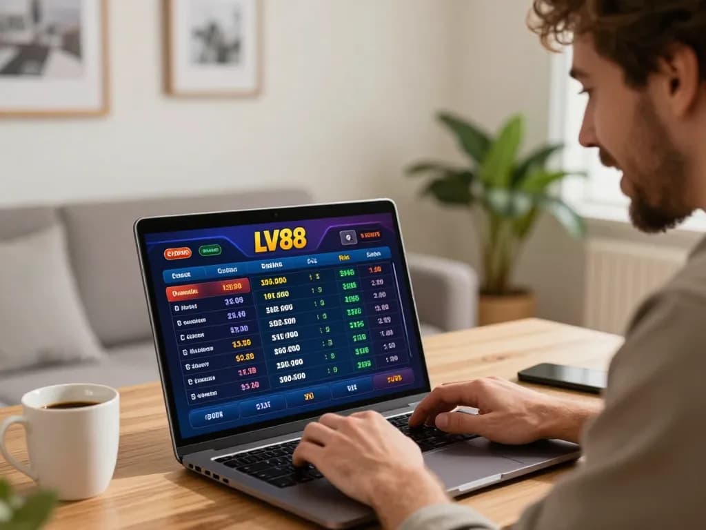 Engaged user analyzing betting odds on LV88 sports betting platform in a cozy home office.