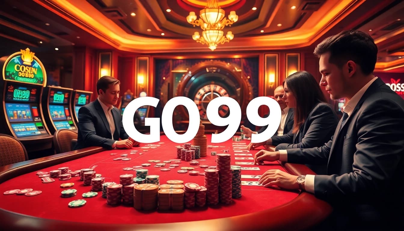 Action-packed scene of GO99 gamblers at a luxurious casino table with poker chips and cards.