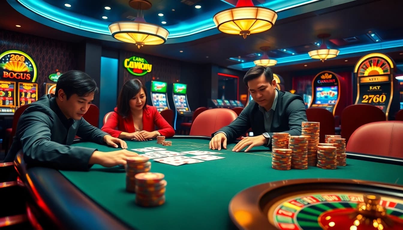 Experience the thrill at nhà cái lucky88 with vibrant poker tables and luxurious casino elements.
