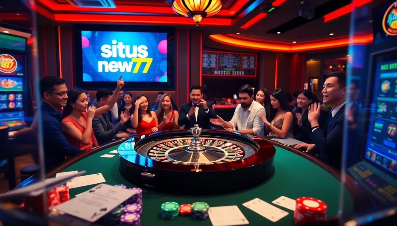 Engaged players at situs new77 table with colorful chips and luxurious casino ambiance.
