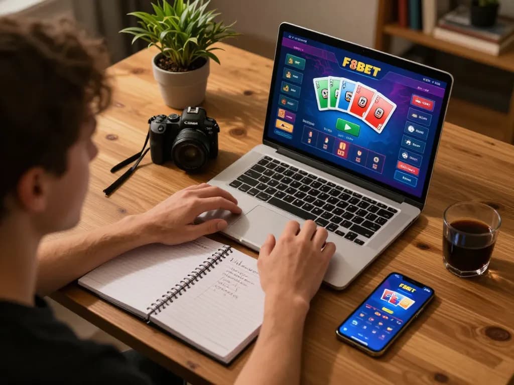F8BET player engaging with online poker on laptop in cozy home environment