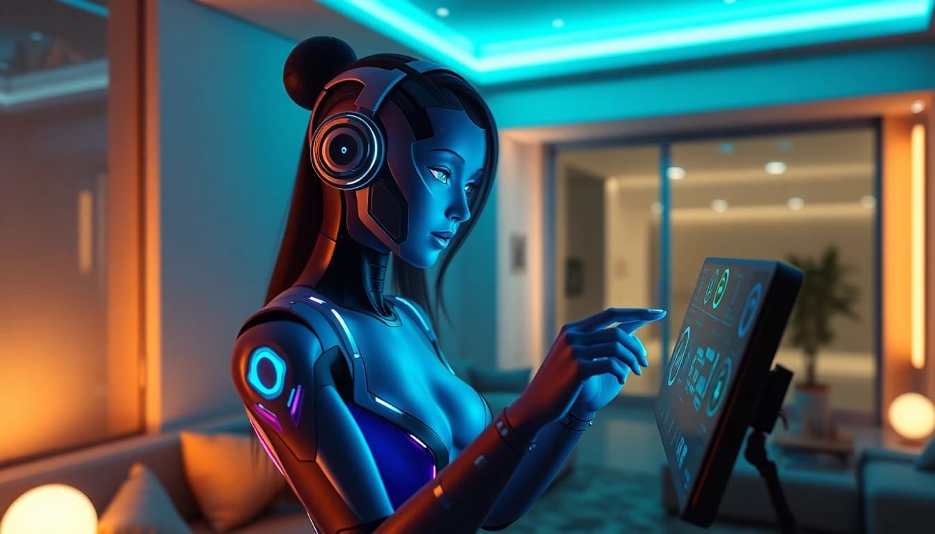 AI NSFW character interacting with user in futuristic apartment