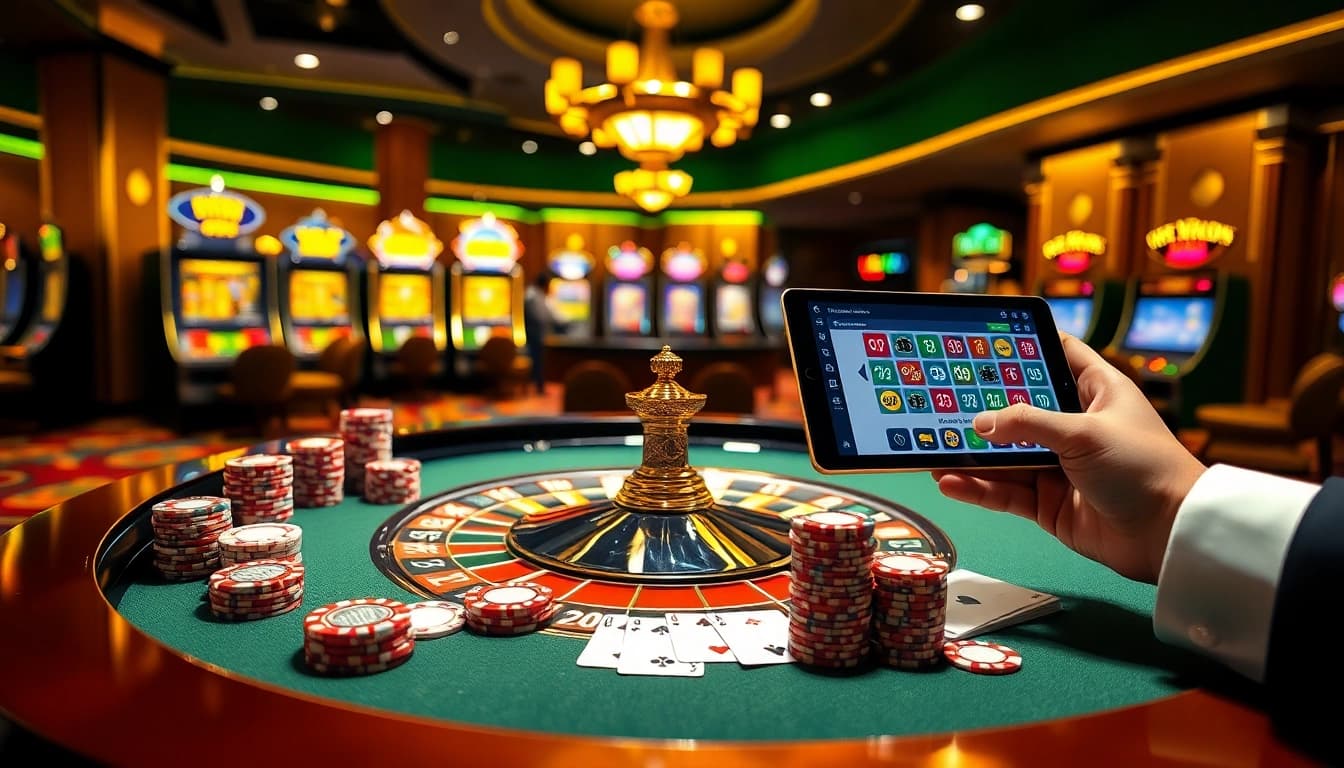 Gambling excitement at XX88 casino with poker chips, roulette, and vibrant slot machines.