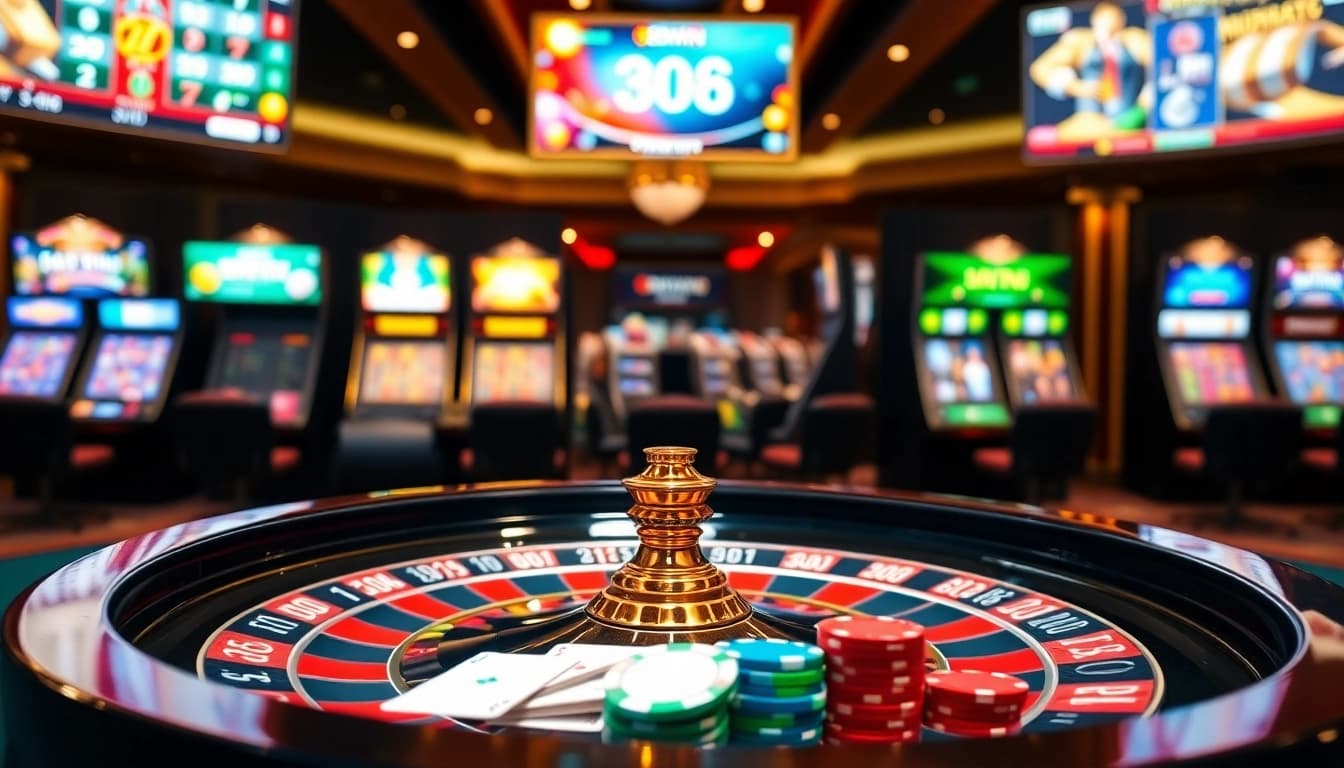 Exciting scene at 98WIN featuring a roulette table with vibrant chips and online gaming interfaces.