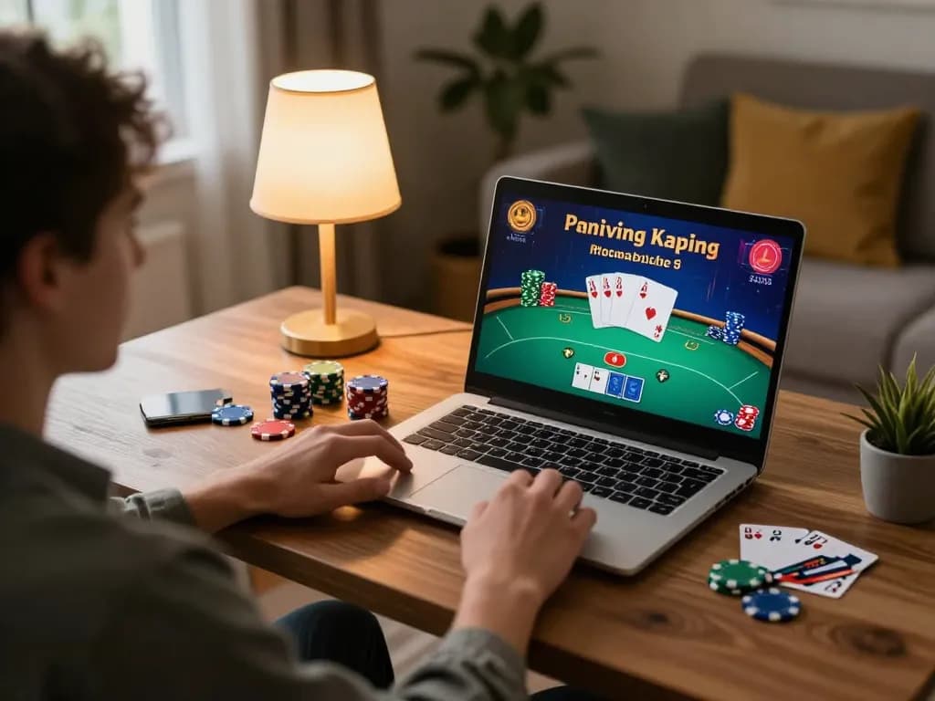 Playing giường bệnh nhân-focused online poker game on laptop in cozy home setup.
