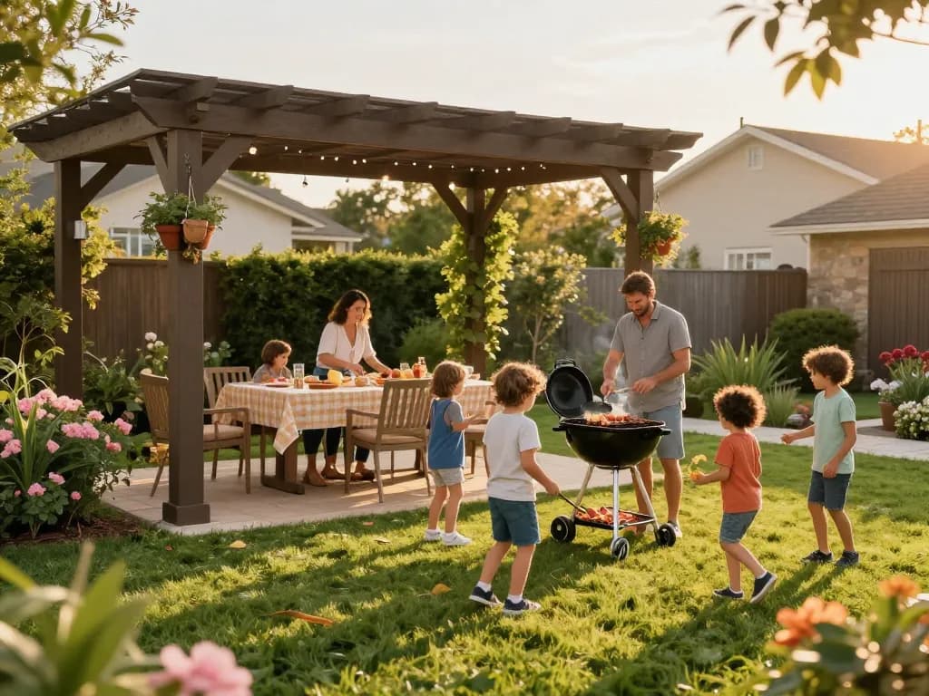 Designing a pergola 3D planner scene with a family enjoying a barbecue under a beautifully shaded outdoor structure.
