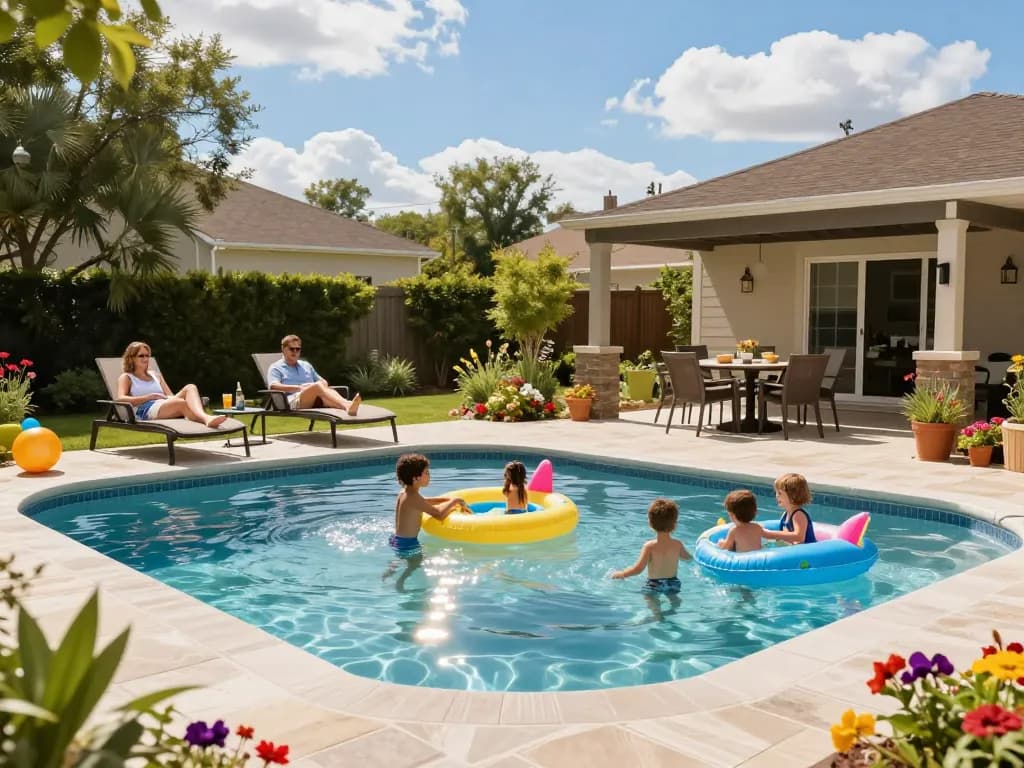 Dolphin Pool Services: Family enjoying a clean, sparkling pool in a beautifully landscaped backyard.