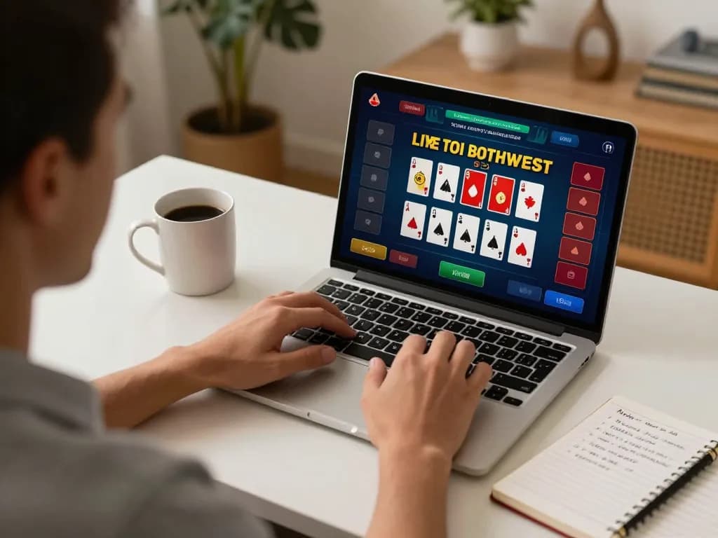 Engaging player enjoying TG88 online blackjack game at home with strategy notes visible