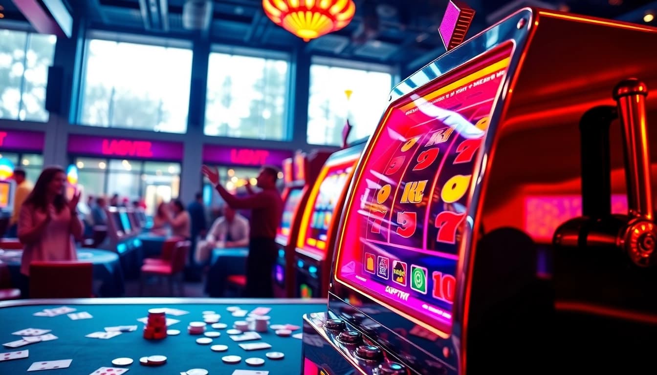 Main slot machine with colorful reels and vibrant atmosphere di kasino penuh semangat.