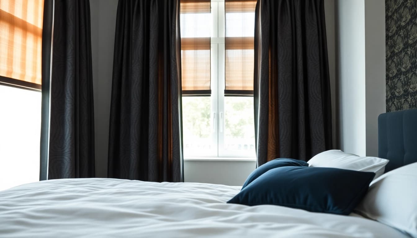 Verduisterende gordijnen die het zonlicht blokkeren in een gezellige slaapkamer.