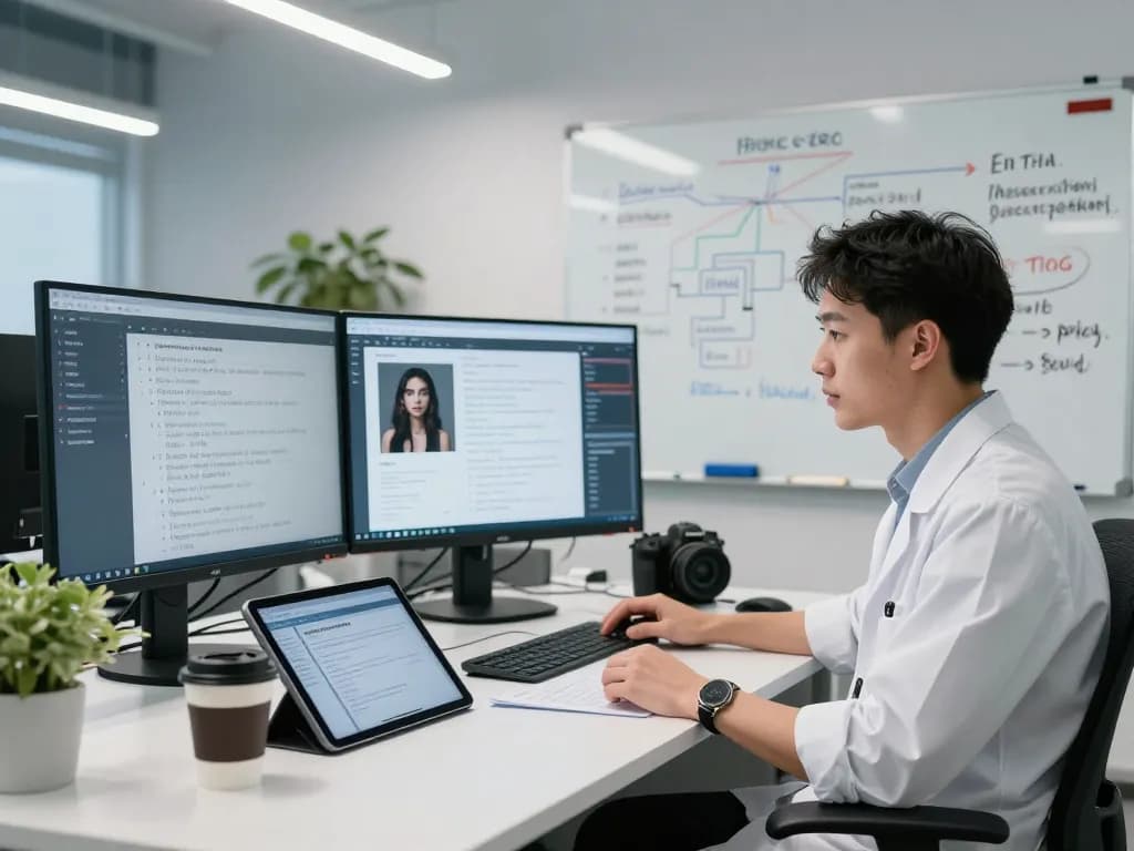 AI researcher analyzing sex AI algorithms in a modern tech lab setting with multiple screens and notes.