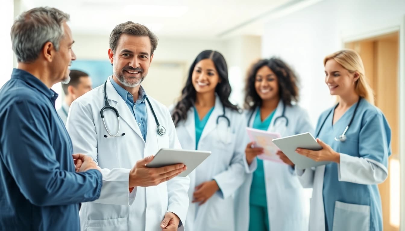 Engaged healthcare professionals discussing Health solutions in a modern medical facility.